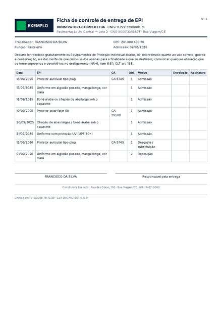 Página do modelo: Ficha de EPI (NR-6)