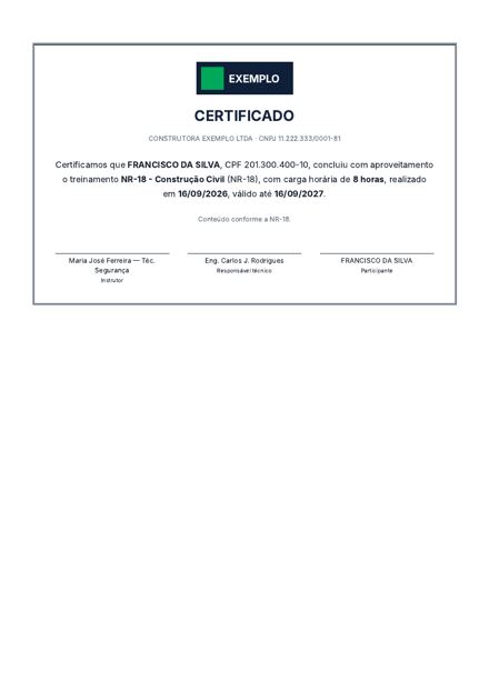 Página do modelo: Treinamento + certificados